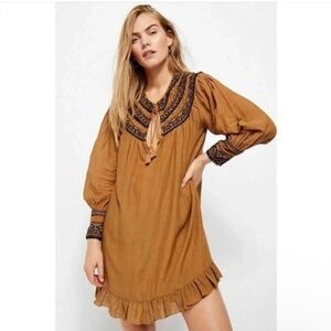 Free People Long Sleeve Embroidered Peasant Mini Dress NWOT